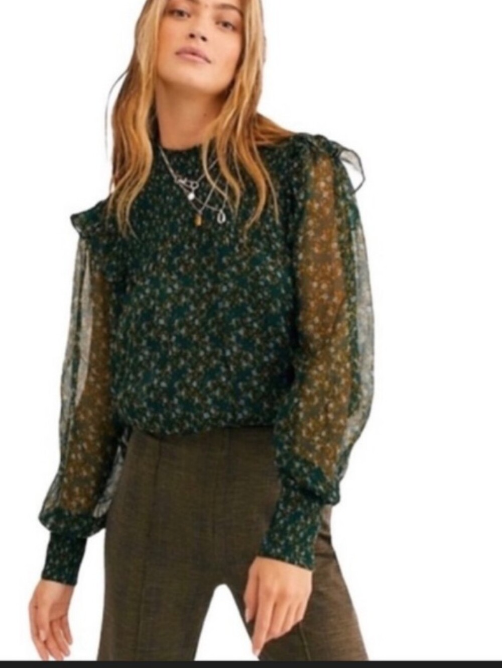 Free People Sheer Floral Long-Sleeve Blouse in Dark Green